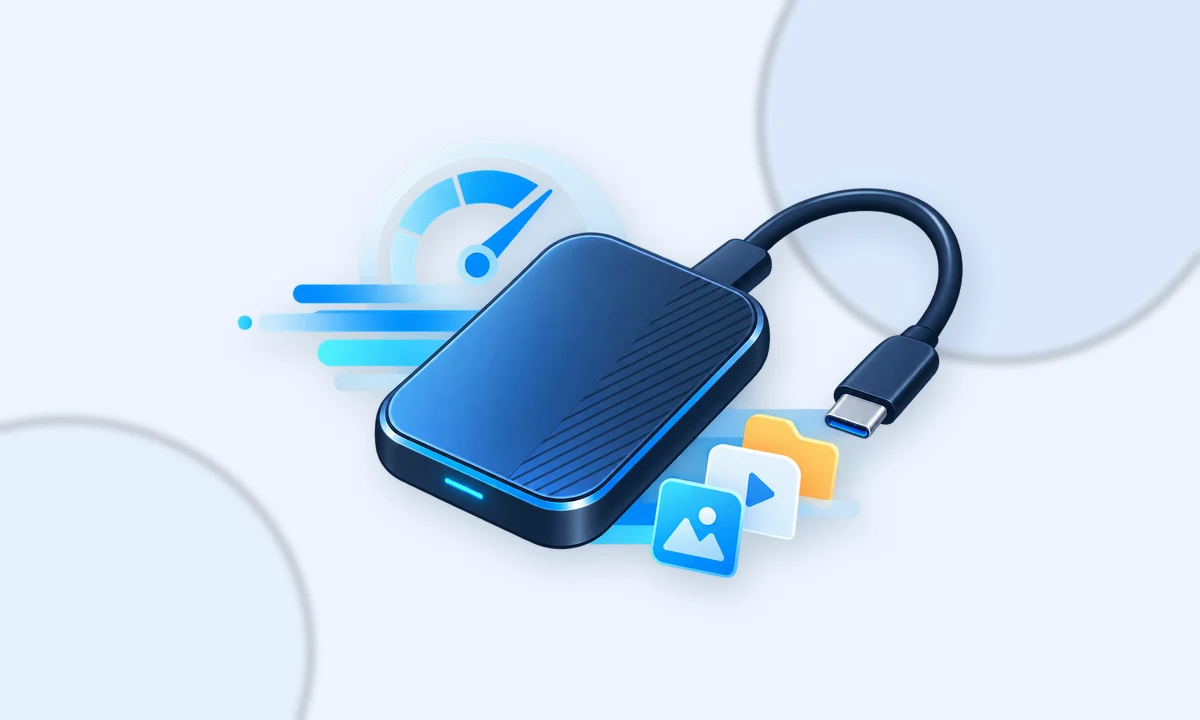 Portable USB-C SSD representing fast external storage