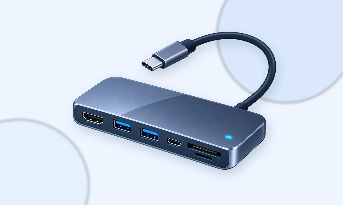 Modern multiport USB-C hub with HDMI, USB and card-reader ports